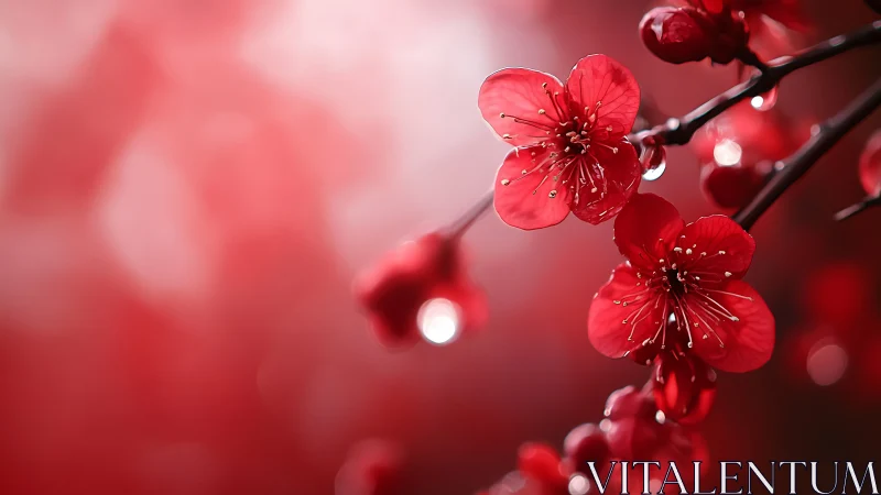 Crimson Plum Blossoms With Dewdrops: Bokeh-Enhanced Spring Botanical.