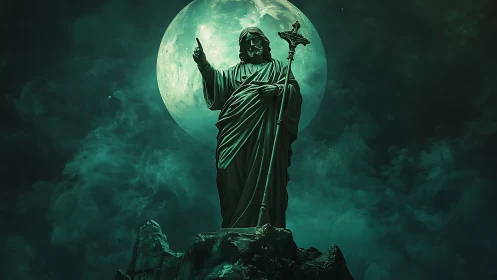 Digital painting of lunar-lit robed guardian statue at night.
