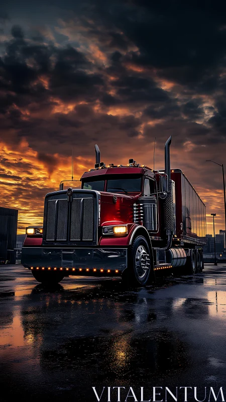 Chrome titan truck idles under storm-lit industrial sunset.