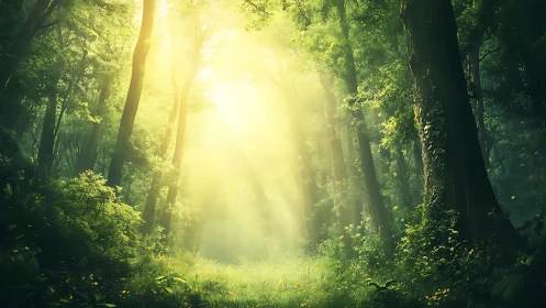 Sunlit Forest Path with Golden Light Through Dense Trees.