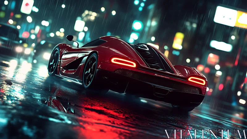 Red hypercar slices through neon rain in a futuristic cityscape.
