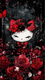 Adorable Feline Character Blooming with Red Roses and Grace