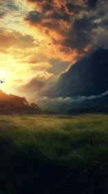 Sunlit grassland meets storm-lashed mountains at dusk