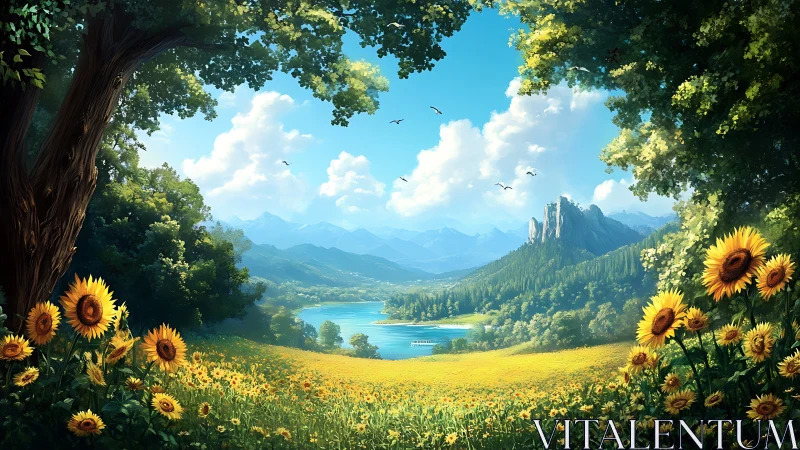 Sunlit sunflower valley framing alpine lake and mountains.