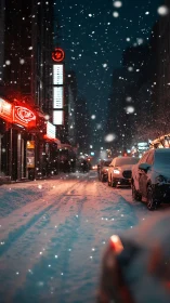 Neon storefronts whisper warmth into a hush of falling snow