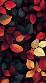 Autumn foliage pattern in saturated red, gold, and charcoal tones.