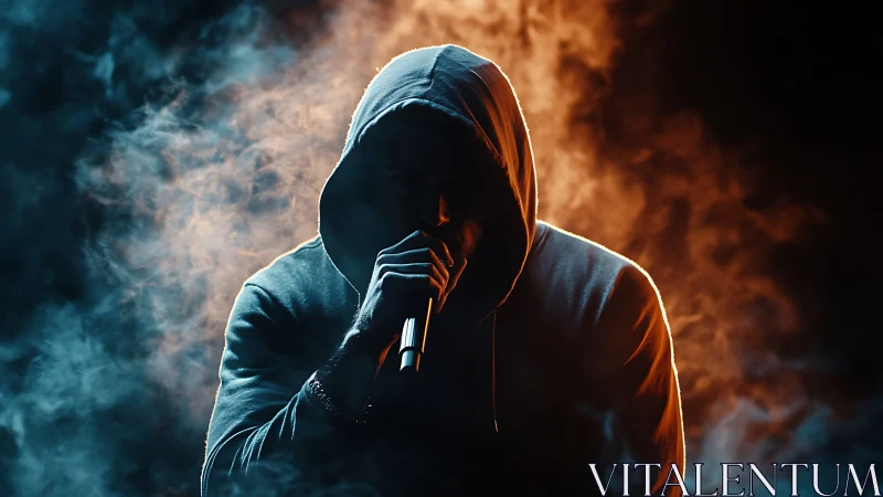 Hooded rapper silhouette in blue orange stage smoke.
