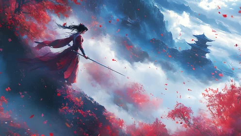 Samurai on crimson ridge in atmospheric fantasy landscape.