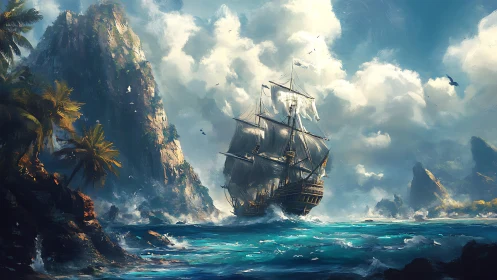 Sailing ship near rocky tropical coastline under clouds.