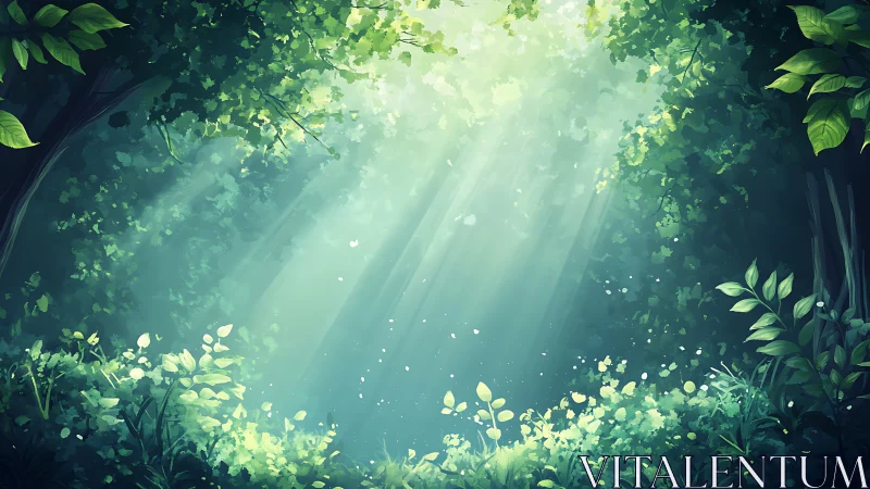 Sunbeams drift like whispered secrets through lush forest