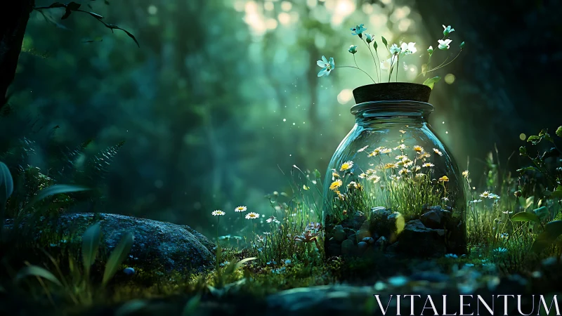 Wildflower terrarium glows in misty forest dawn light.