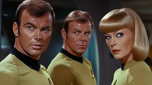 Photorealistic retro starship crew portrait in tight framing.