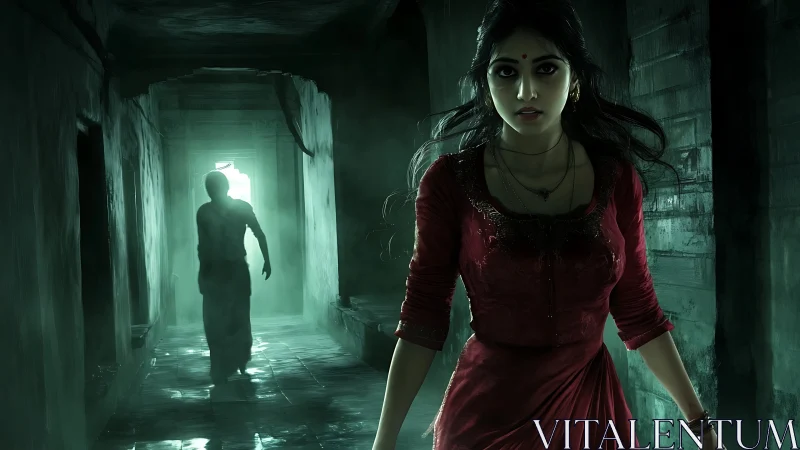 Terrified woman in dim corridor with spectral backlit figure