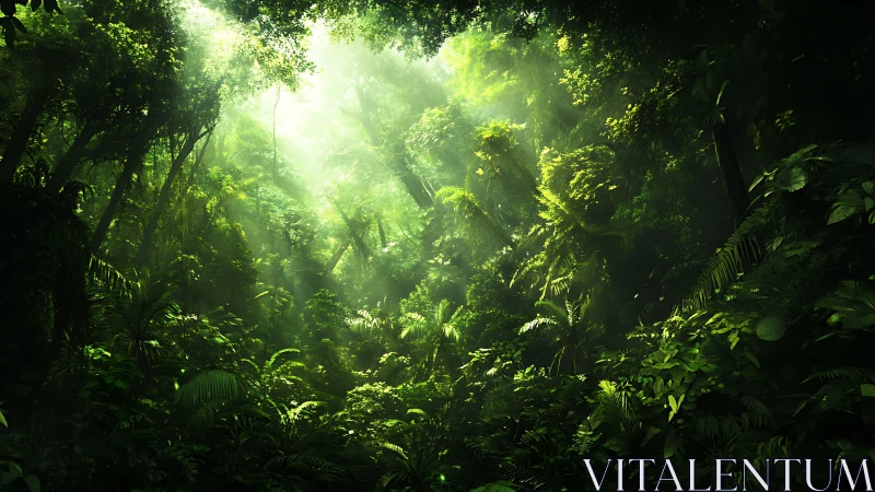 Dense Rainforest Canopy with Penetrating Sunlight.