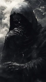 Shadowy reaper figure sits in swirling smoke, quietly waiting