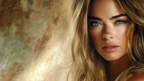 Portrait shows close-up of blonde woman with green eyes looking ahead