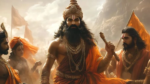 Majestic warrior sage in glowing saffron light and mist.