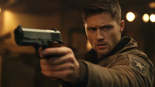 Armed soldier aims handgun in tense low light standoff