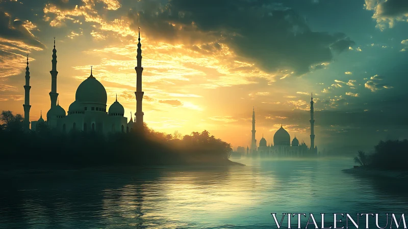 Golden sunrise bathes riverside mosque silhouettes in mist