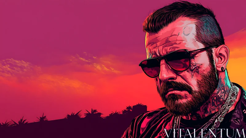 Neon-soaked portrait of tattooed man at tropical dusk.