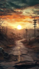 Post-apocalyptic rural highway at sunset, digital painting composition.