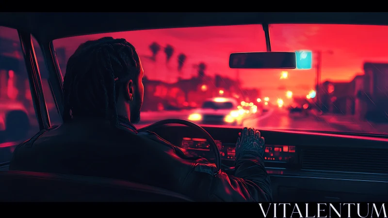 Neon-lit city drive renders cinematic dusk interior perspective