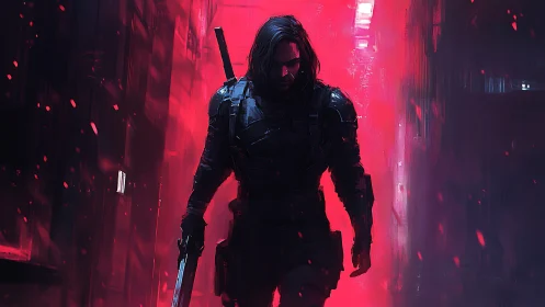 Cybernetic warrior advances through neon scarlet corridor.