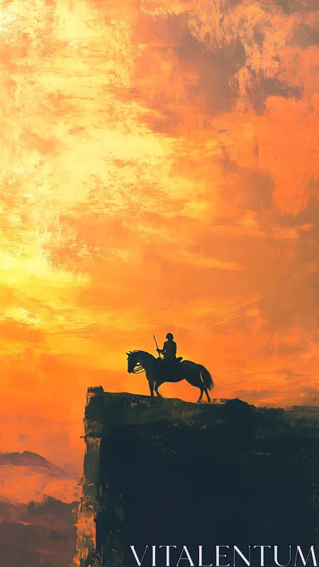 Silhouetted mounted figure stands on cliff against orange sky