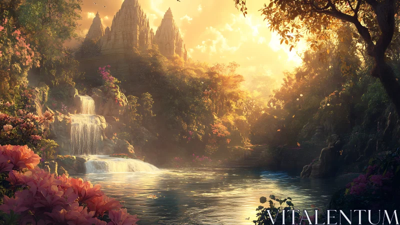 Sunlit fantasy temple valley with cascading waterfalls.