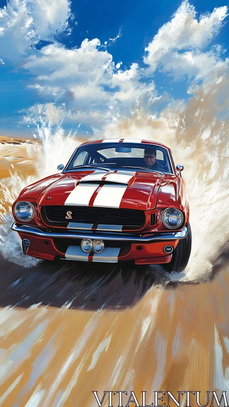 Red classic muscle car splashing through sunny desert sand.