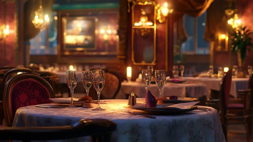 Romantic fine dining table in softly lit elegant restaurant.