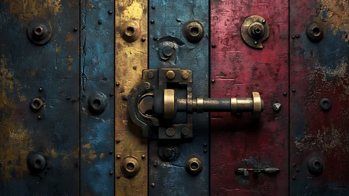 Weathered metal door lock gleams on bold tricolor panels.