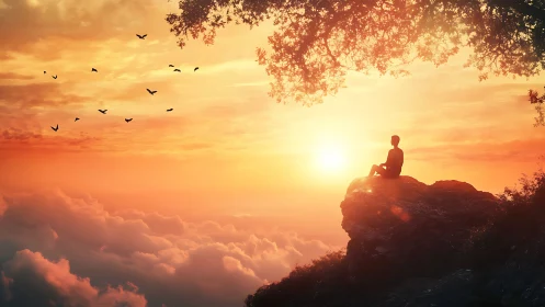 Silhouette sits on cliff edge above cloud layer at sunset