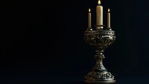 Ornate golden candelabrum with three candles in darkness.