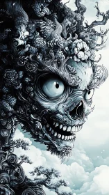 Floral skeletal visage integrated with swirling organic forms.