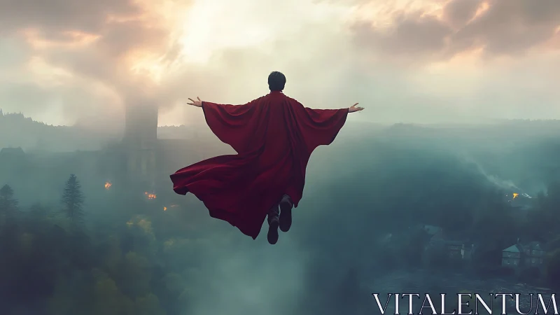 Figure in red robe levitates above misty burning valley