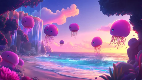 Playful pink jellyfish drift gently above a glowing shore