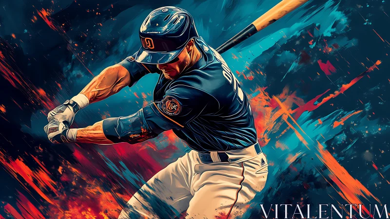 Baseball batter swings bat amid abstract digital motion field