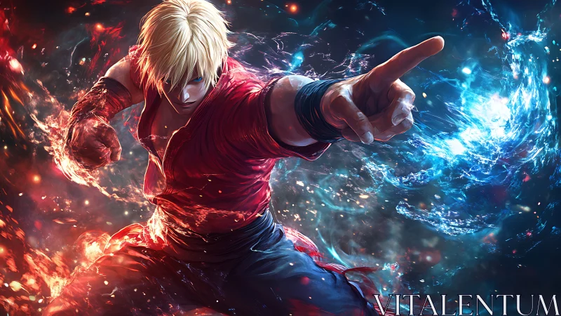 Male fighter directs opposing red and blue energy streams