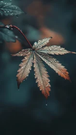 Raindrop covered brown leaf against dark blurred background.