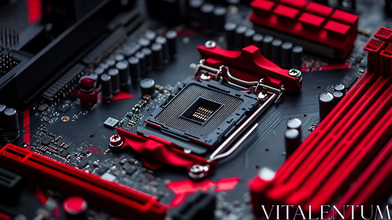 Gaming motherboard CPU socket with red heatsinks and slots