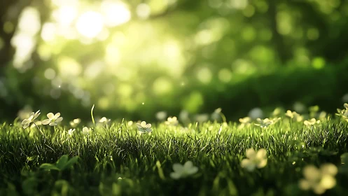 Sunlit grass with small white flowers in soft green bokeh field