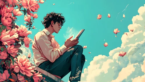 Young man reading calmly among flowers and clouds.