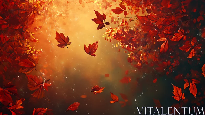 Autumn foliage with red leaves suspended in warm light.