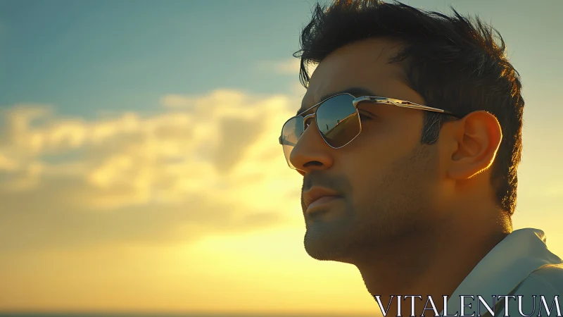 Sunlit profile portrait with reflective aviator sunglasses.
