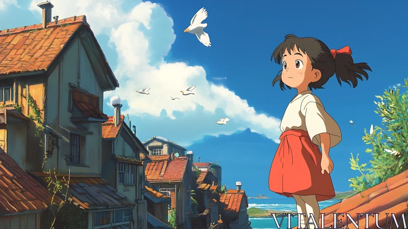 Anime girl surveys tiled rooftops under volumetric summer clouds