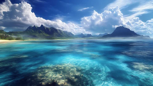 Hyperreal tropical coastline with stratified cyan shallows.