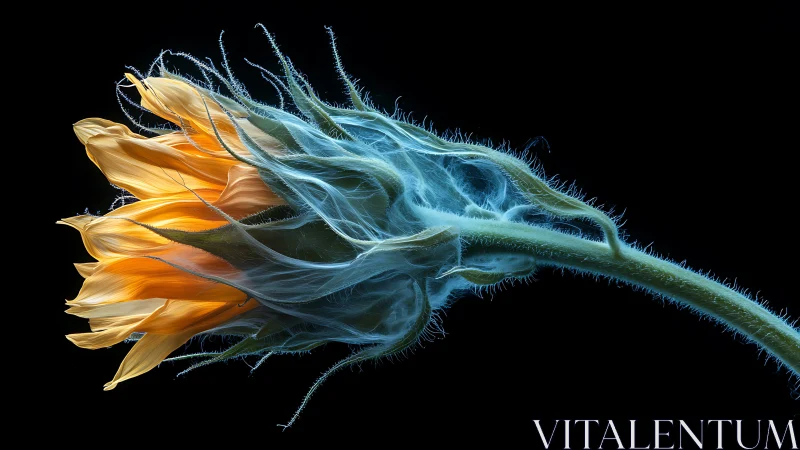 Backlit sunflower macro with ethereal blue filament veils.