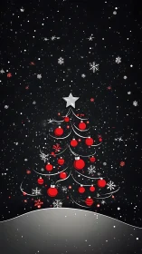 Vector stylized Christmas tree with red ornaments on night sky.