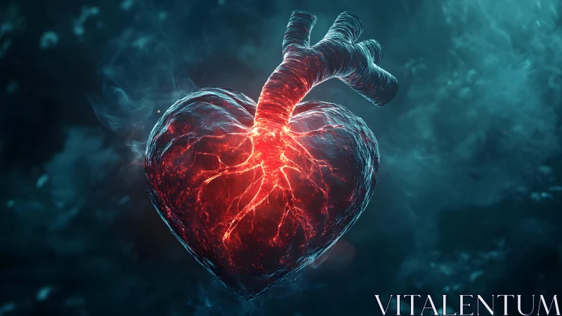 Glowing Anatomical Heart in Mystical Blue Atmosphere, Digital Art.